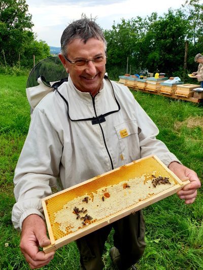 Rudolf Friedrich präsentiert eine Honigwabe